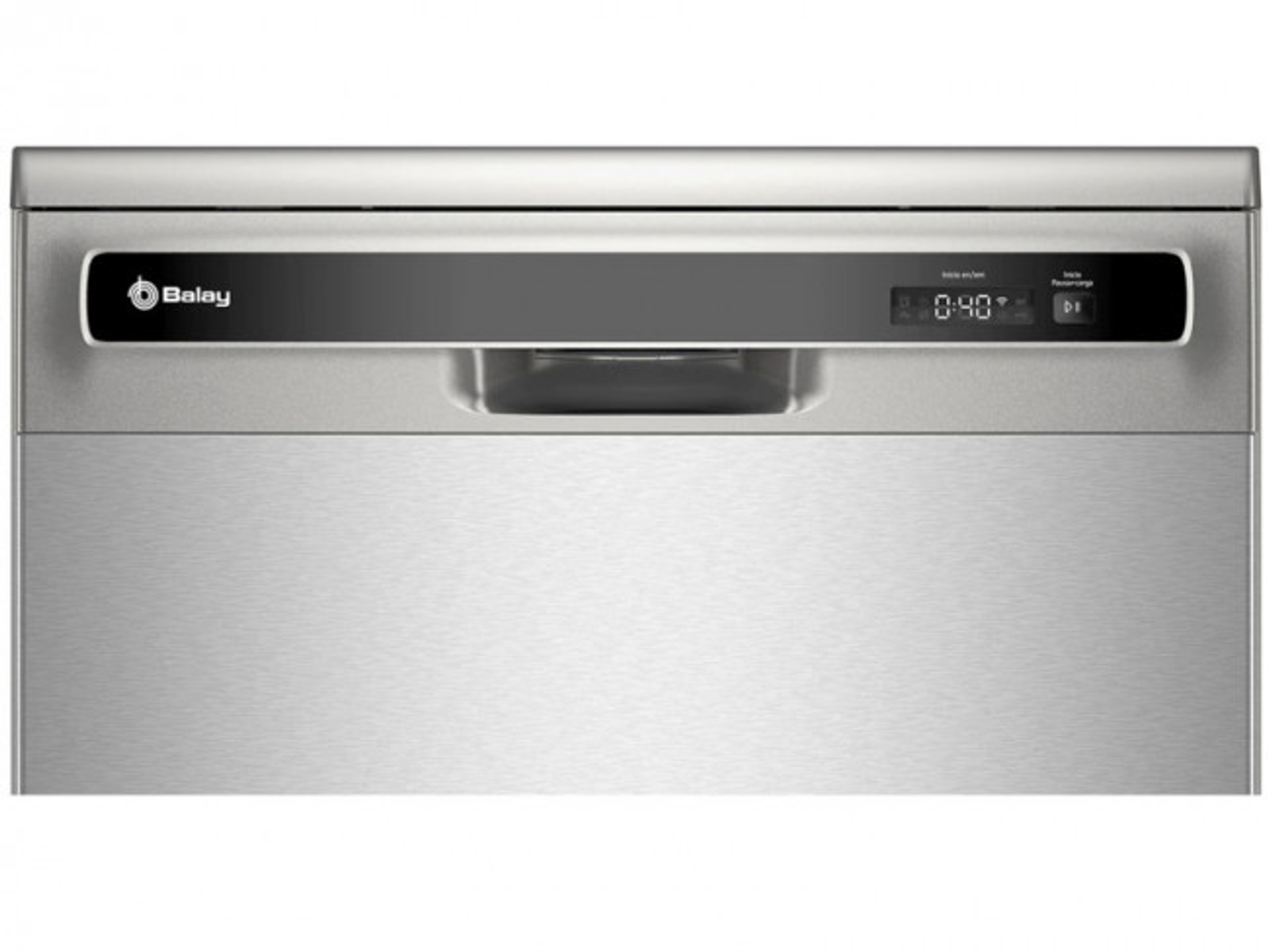 Un lavavajillas de acero inoxidable con una pantalla digital. La pantalla muestra la hora y los ajustes. La marca es Balay.