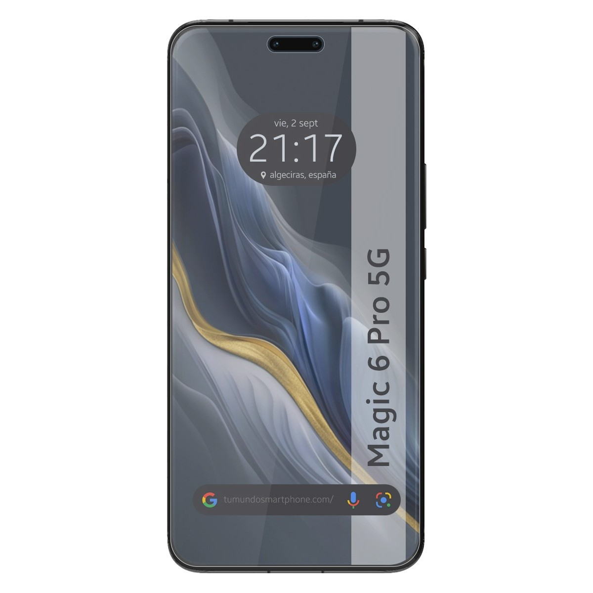 Uno smartphone mostra un orologio e il testo 'Magic 6 Pro 5G'. Il telefono è grigio e ha uno schermo curvo.