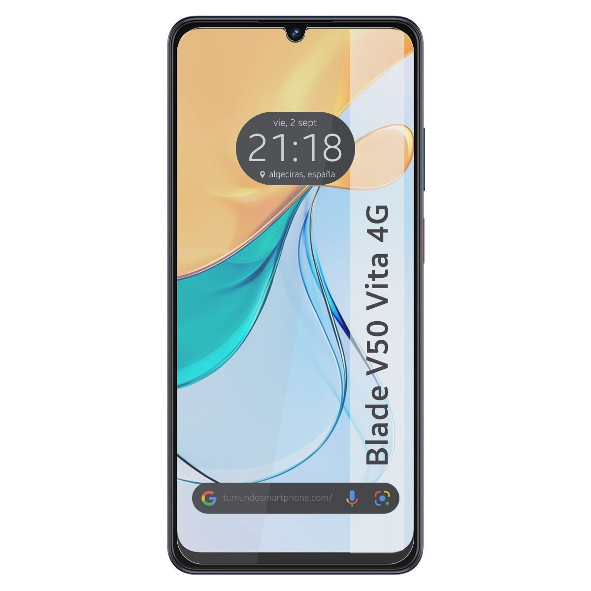 Telefono nero mostra ora, data e posizione. Mostra 'Blade V50 Vita 4G'.
