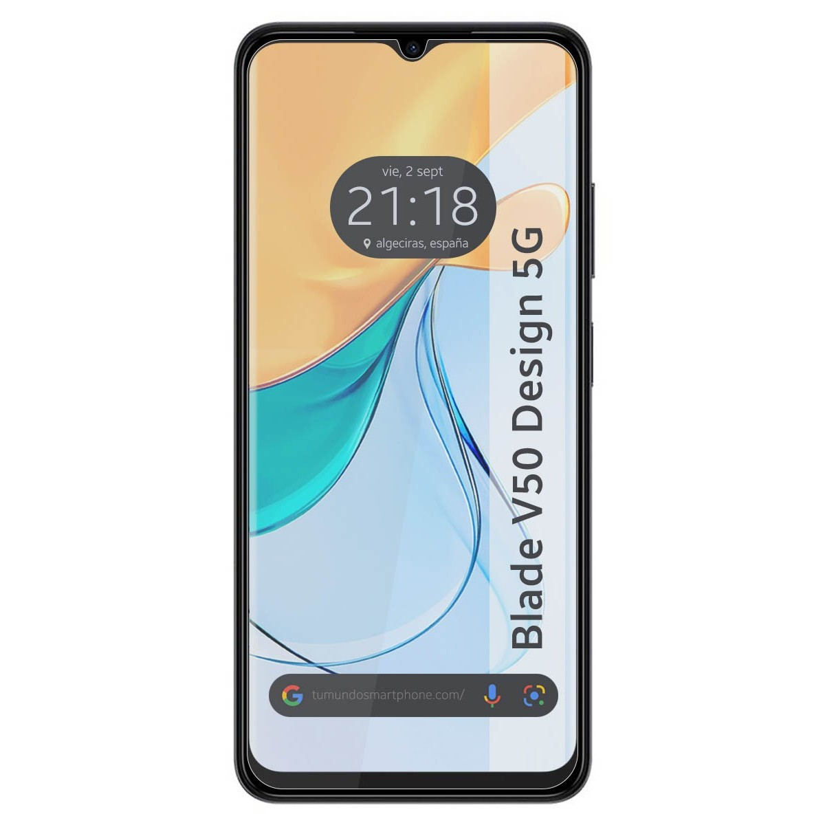 Uno smartphone nero mostra l'ora, la data e il luogo. Il telefono è etichettato Blade V50 Design 5G.