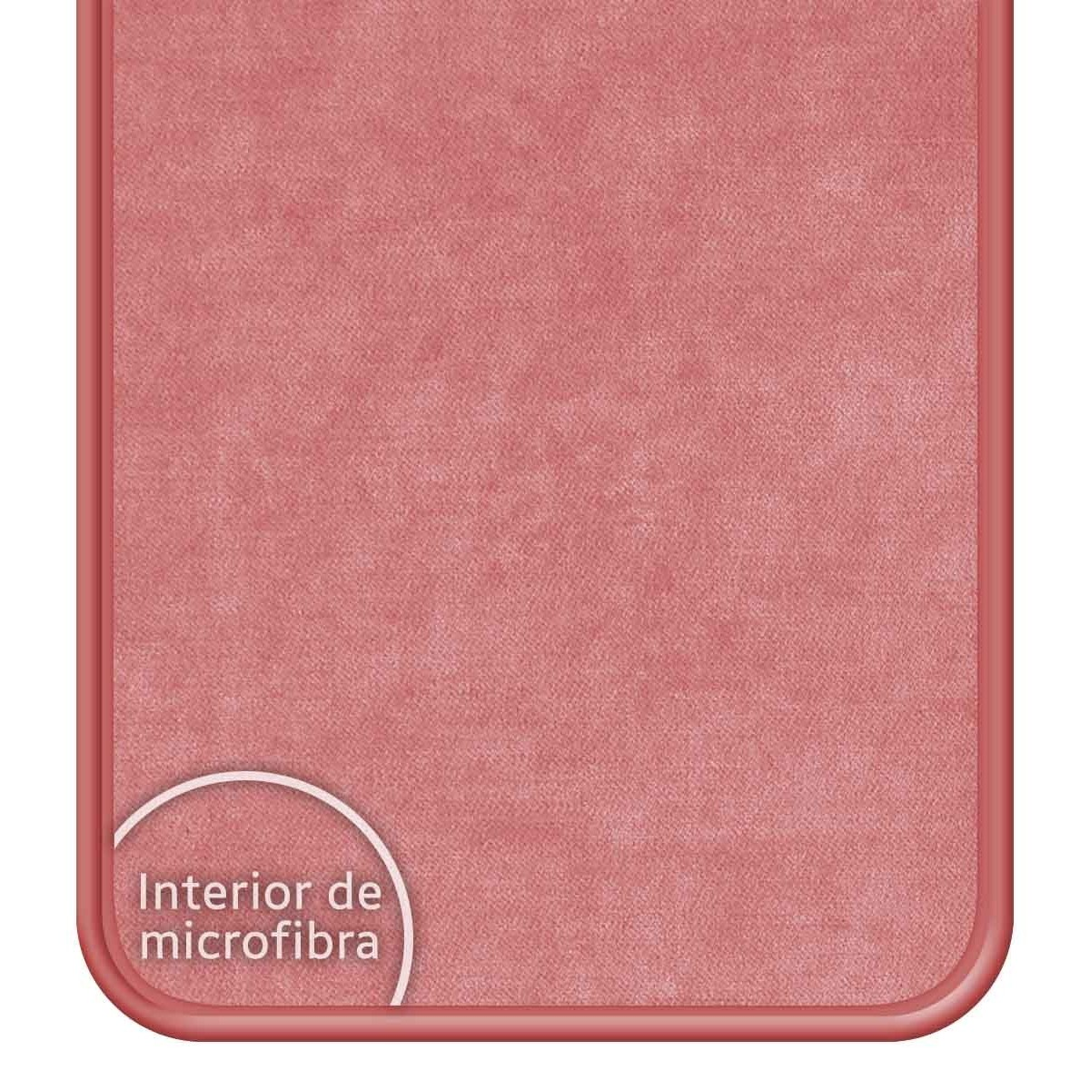 Primer plano de una tela de microfibra rosa, dentro de una funda de teléfono rosa.