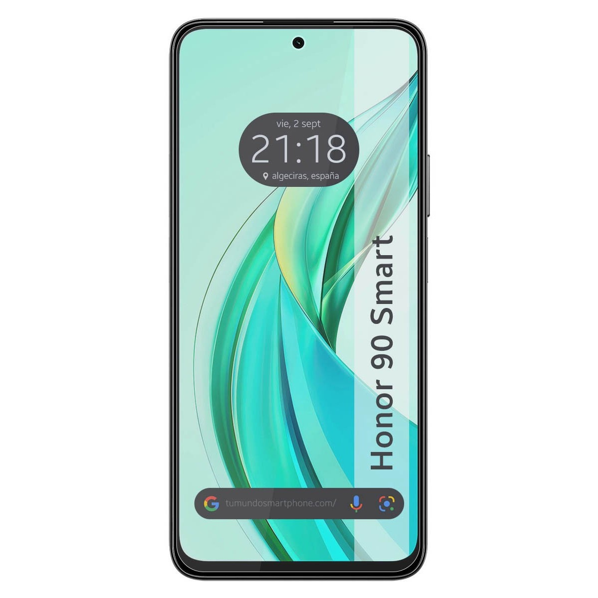 Uno schermo di telefono cellulare che mostra l'ora e il luogo, con una custodia.