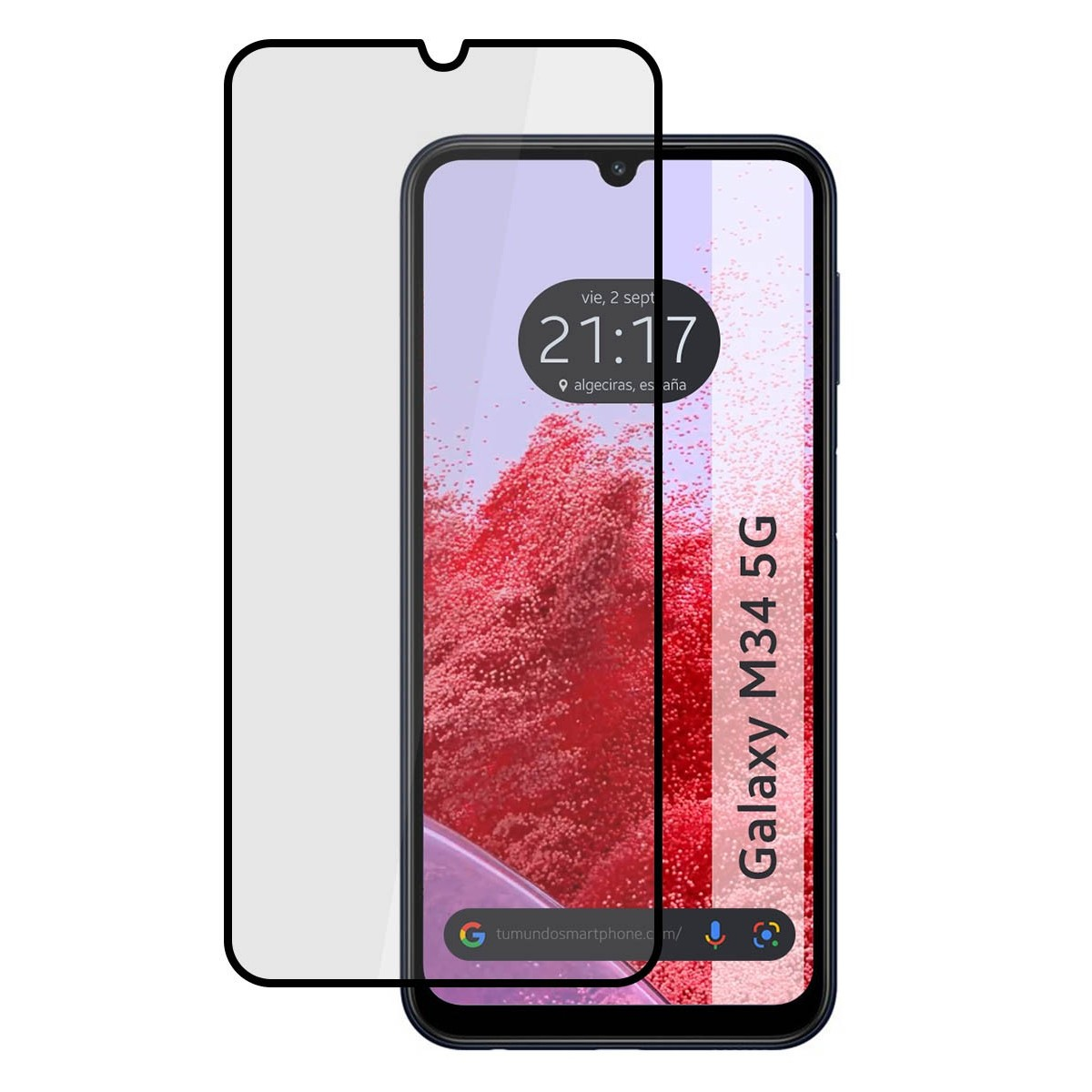 Teléfono con protector de pantalla. La pantalla muestra una hora y fecha y un fondo rojo con forma de nube.