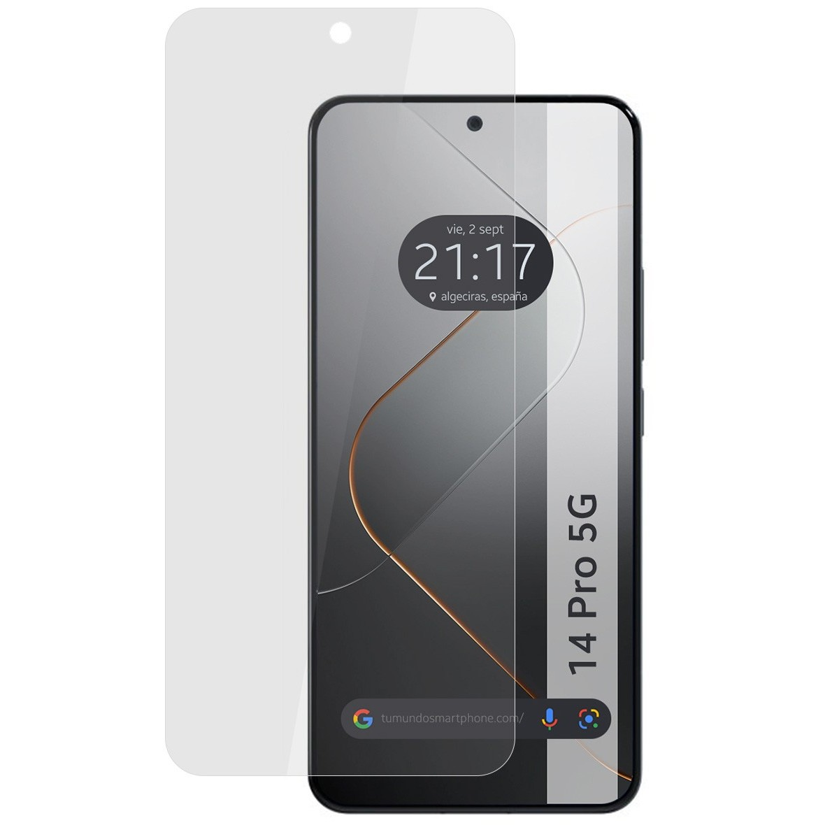 Una protezione per lo schermo dello smartphone accanto a uno smartphone. Il telefono visualizza l'ora e la posizione.