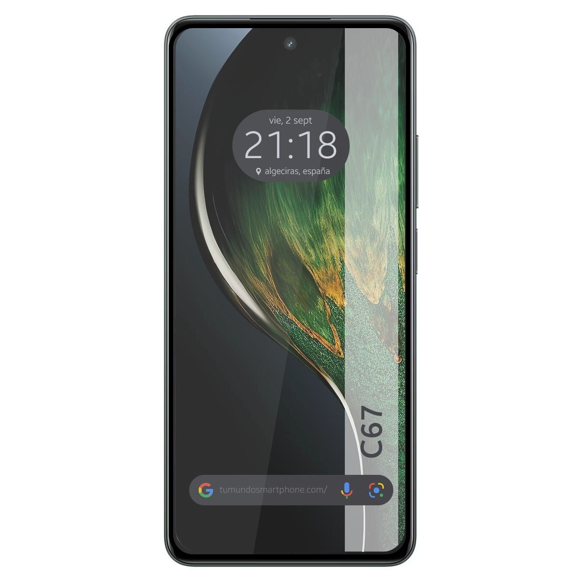 Smartphone nero con schermo curvo, mostra ora, data e sfondo sfocato.