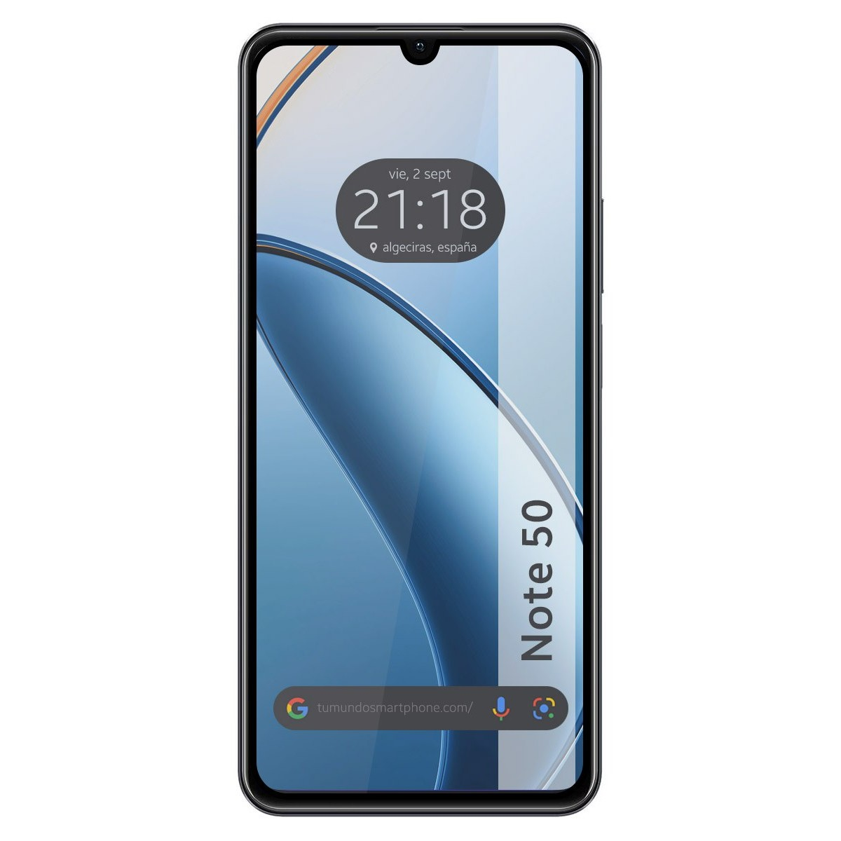 Smartphone nero che mostra ora e luogo. Sfondo bianco.