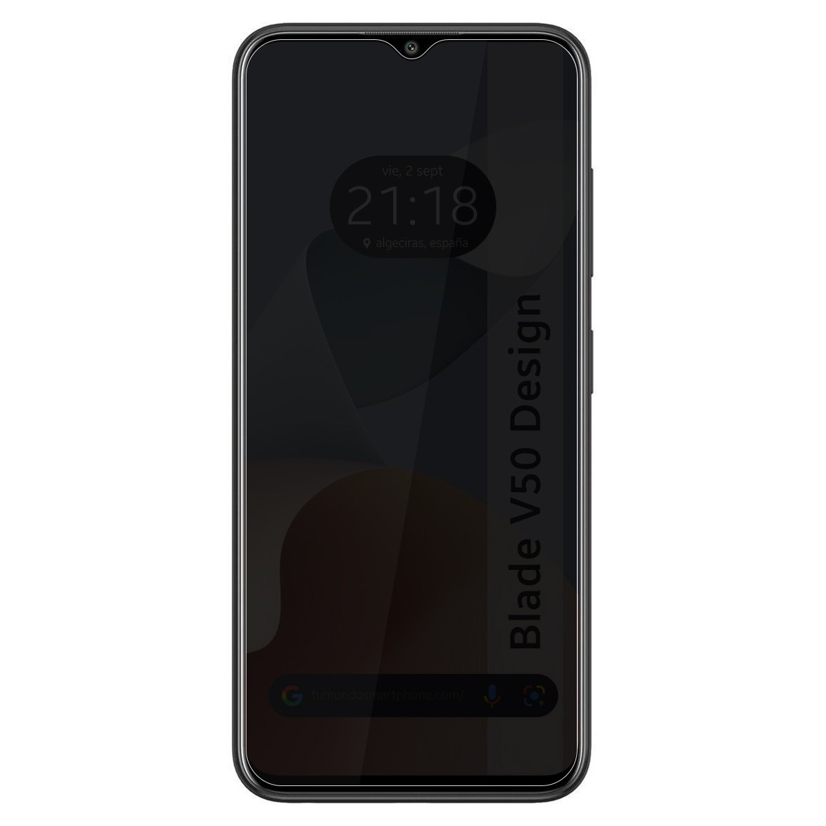 Uno smartphone con uno schermo nero che mostra l'ora e la posizione. Il telefono ha una cornice nera.