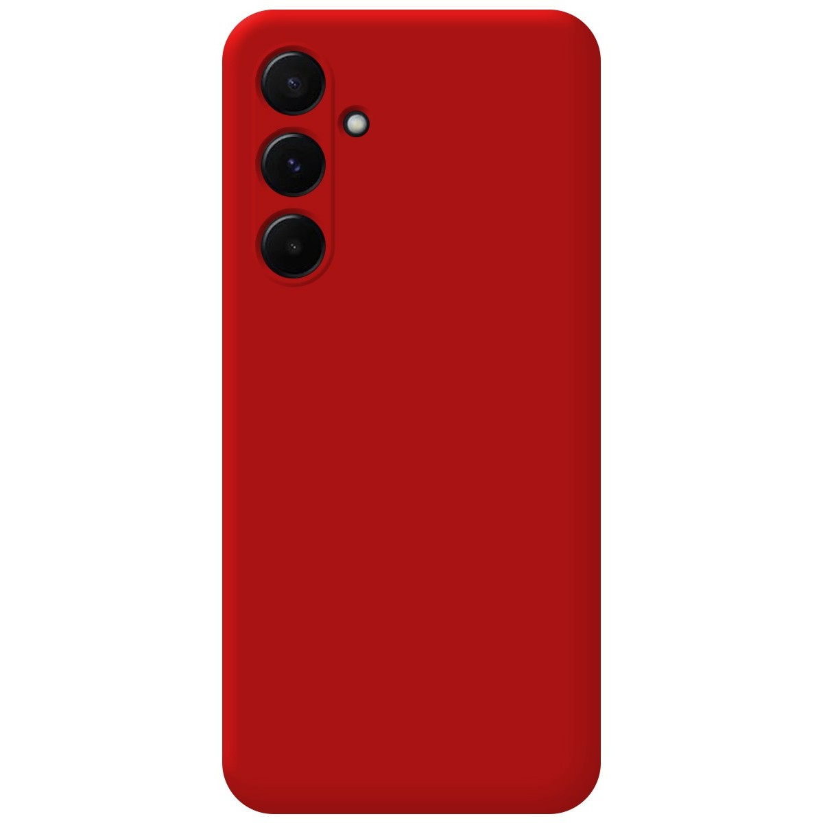 Custodia per telefono rossa con tre obiettivi neri. La custodia copre la parte posteriore del telefono.