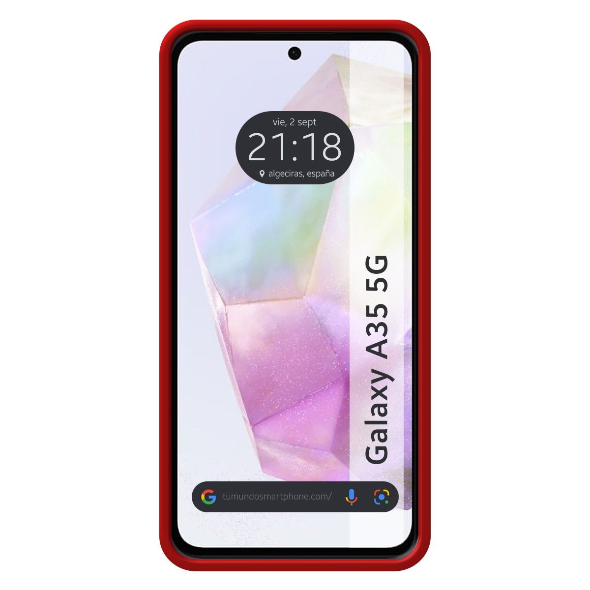 Smartphone con cornice rossa, mostra data e ora sullo schermo.