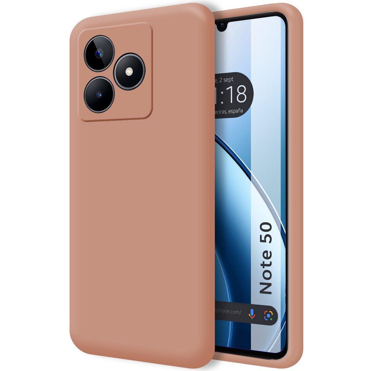 Una custodia per telefono color pesca con tre obiettivi della fotocamera.