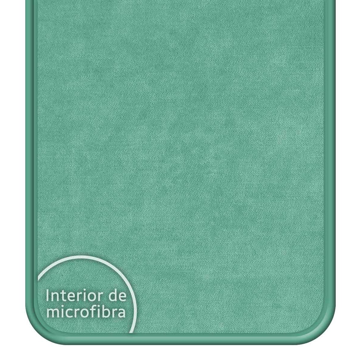Primer plano de una funda de teléfono verde azulado. El texto dice interior de microfibra.