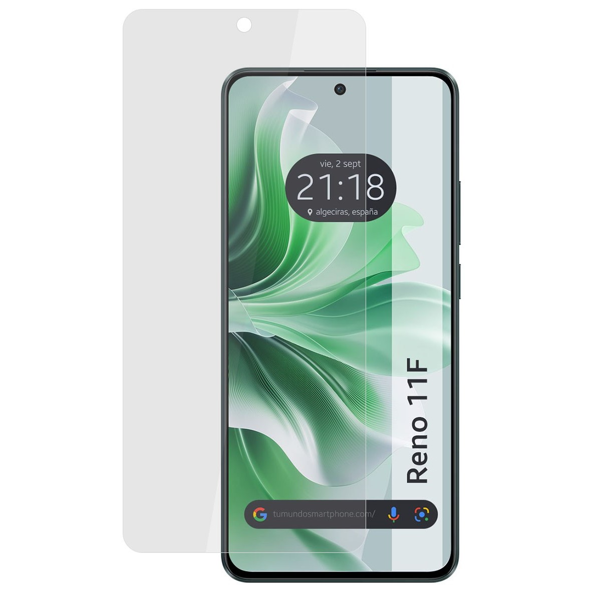 Teléfono Reno 11F con protector de pantalla aplicado, mostrando hora y ubicación.