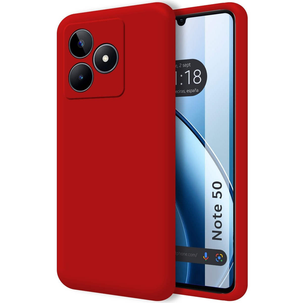 Custodia rossa per telefono con fotocamera. Lo schermo del telefono mostra data e ora.