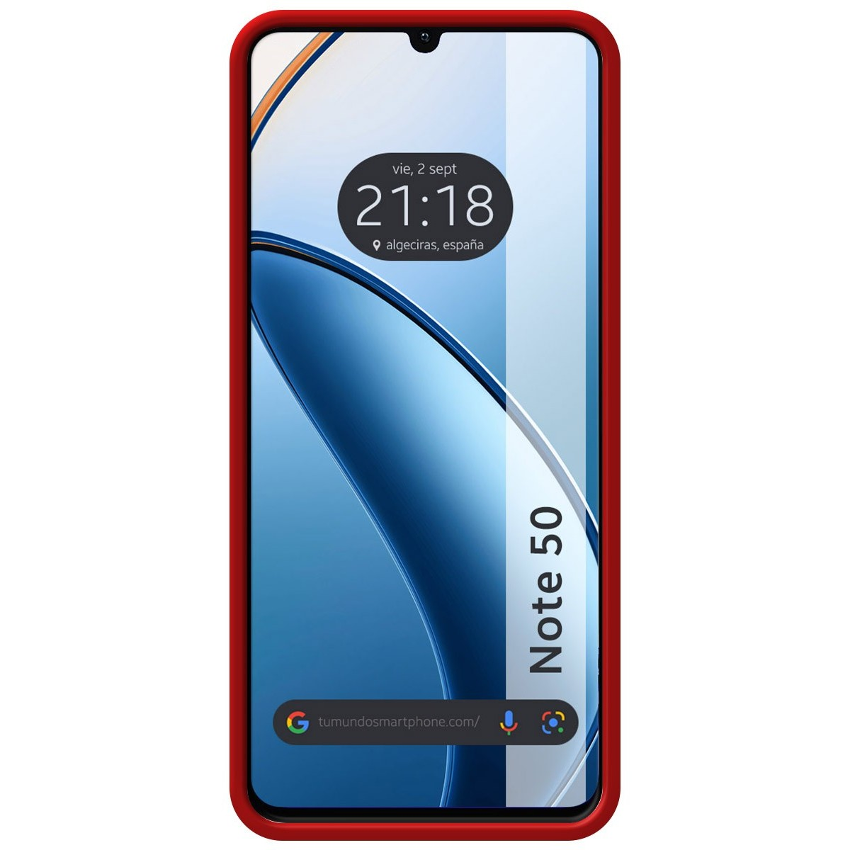 Un telefono con bordo rosso con uno schermo che mostra un orologio e una barra di ricerca.