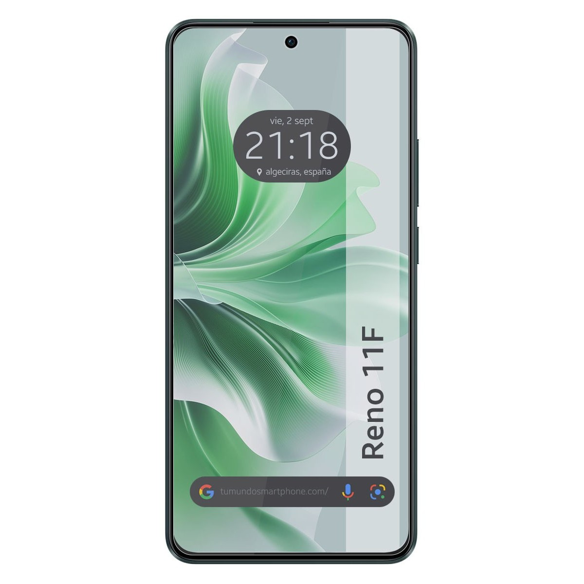 La pantalla del teléfono muestra la hora y la fecha. Reno 11F está escrito verticalmente. El teléfono tiene un degradado verde-negro.