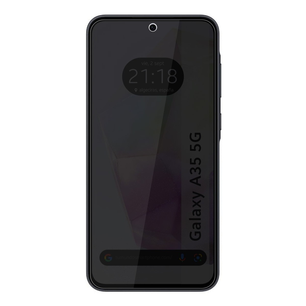Smartphone Galaxy A35 5G nero che mostra l'ora. Lo schermo è scuro con un piccolo notch per la fotocamera.