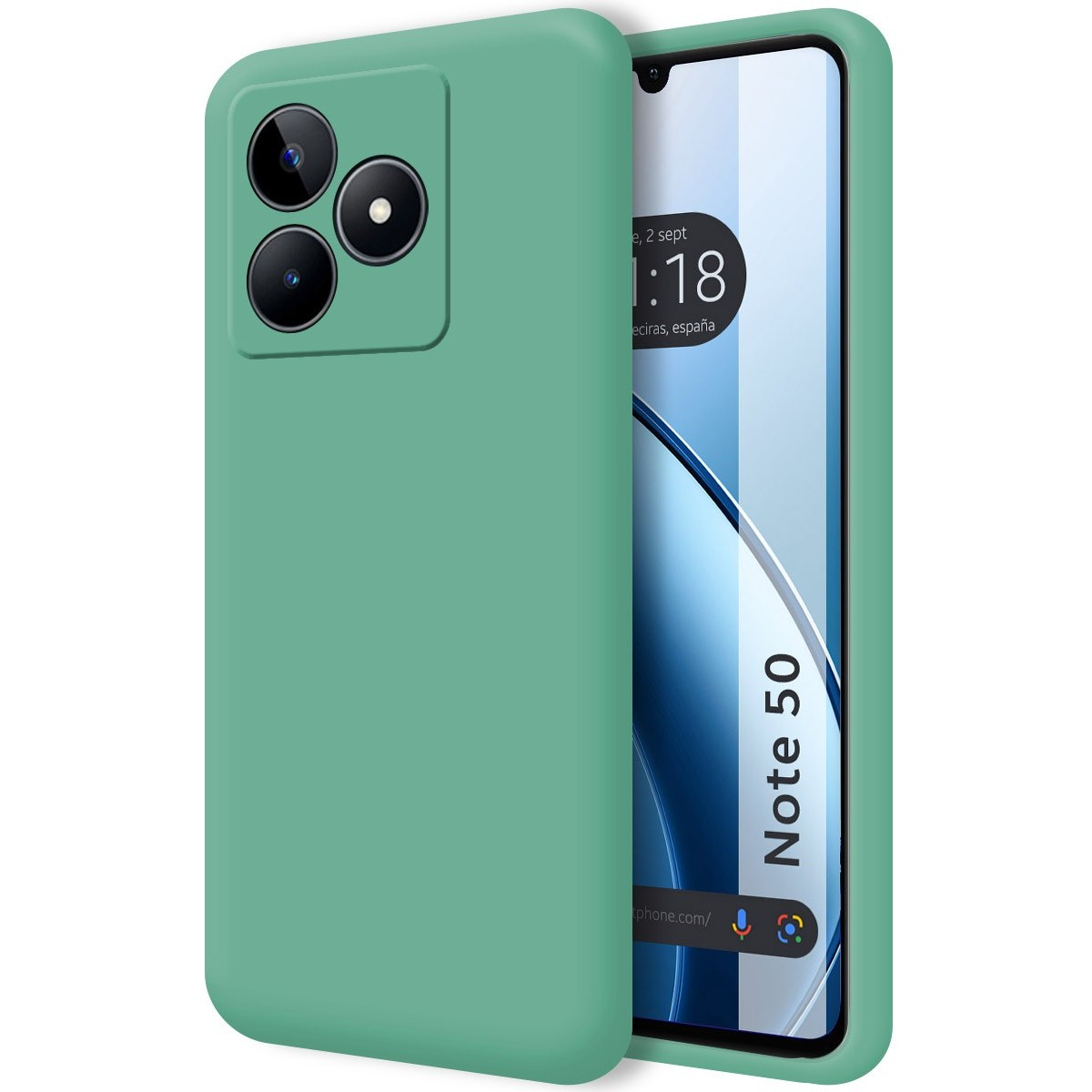 Custodia verde per telefono con fotocamera. Lo schermo del telefono mostra data e ora.