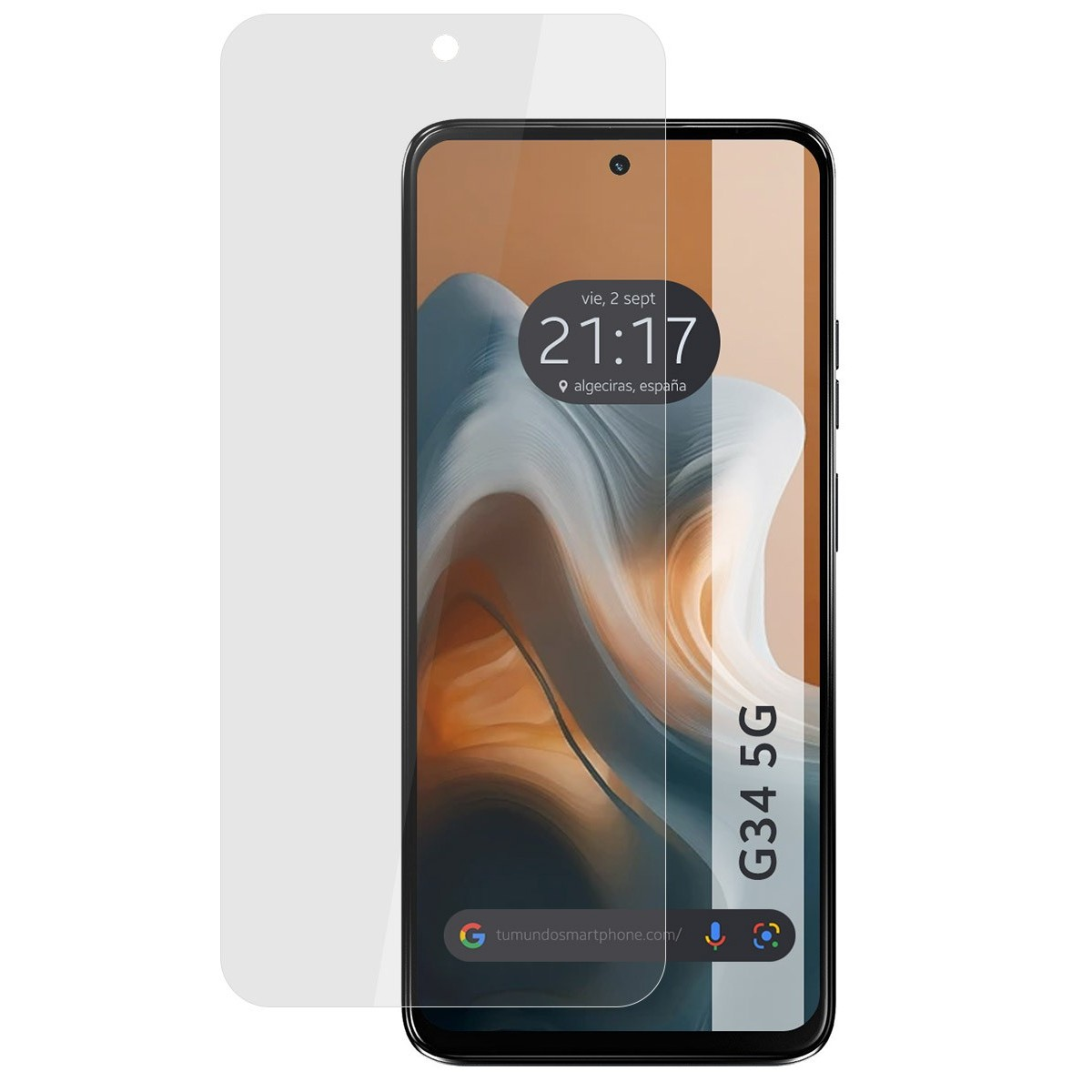Smartphone con protezione schermo e telefono che mostra ora e luogo.