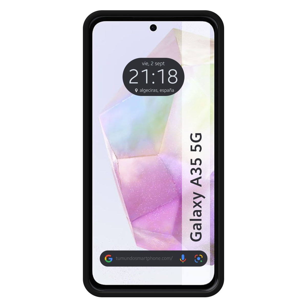 Lo schermo del telefono mostra l'ora e la data. Galaxy A35 5G è scritto verticalmente. Il telefono ha una cornice nera.