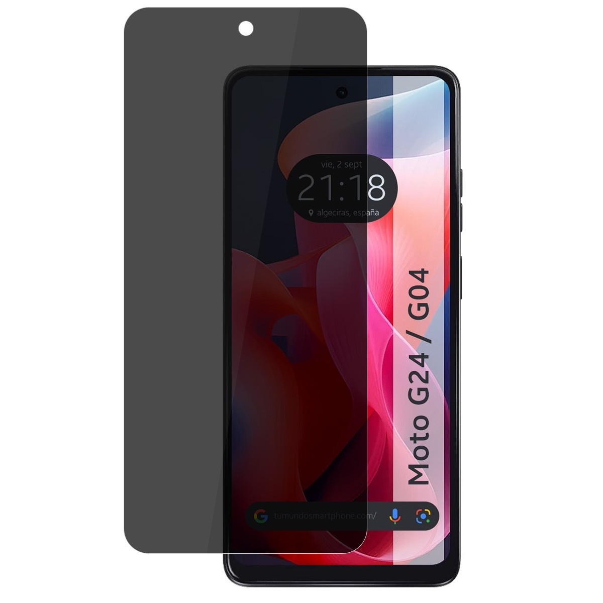 Telefono con protezione schermo, che mostra un orologio e testo, con sfondo rosso.