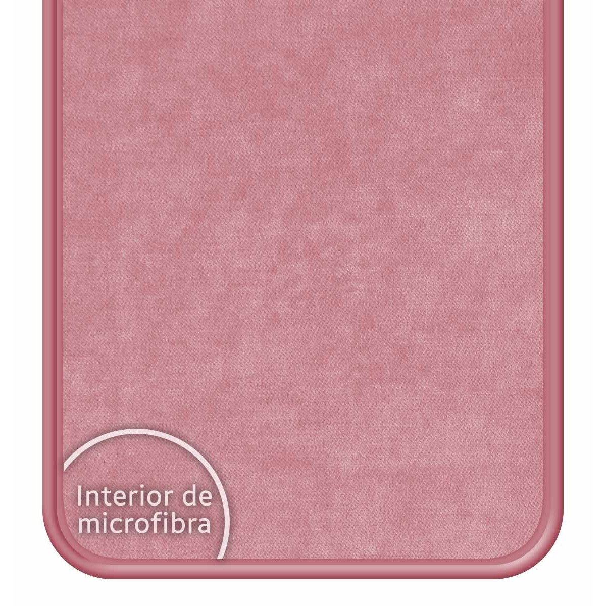 Primer plano del interior de una funda de teléfono de microfibra rosa.