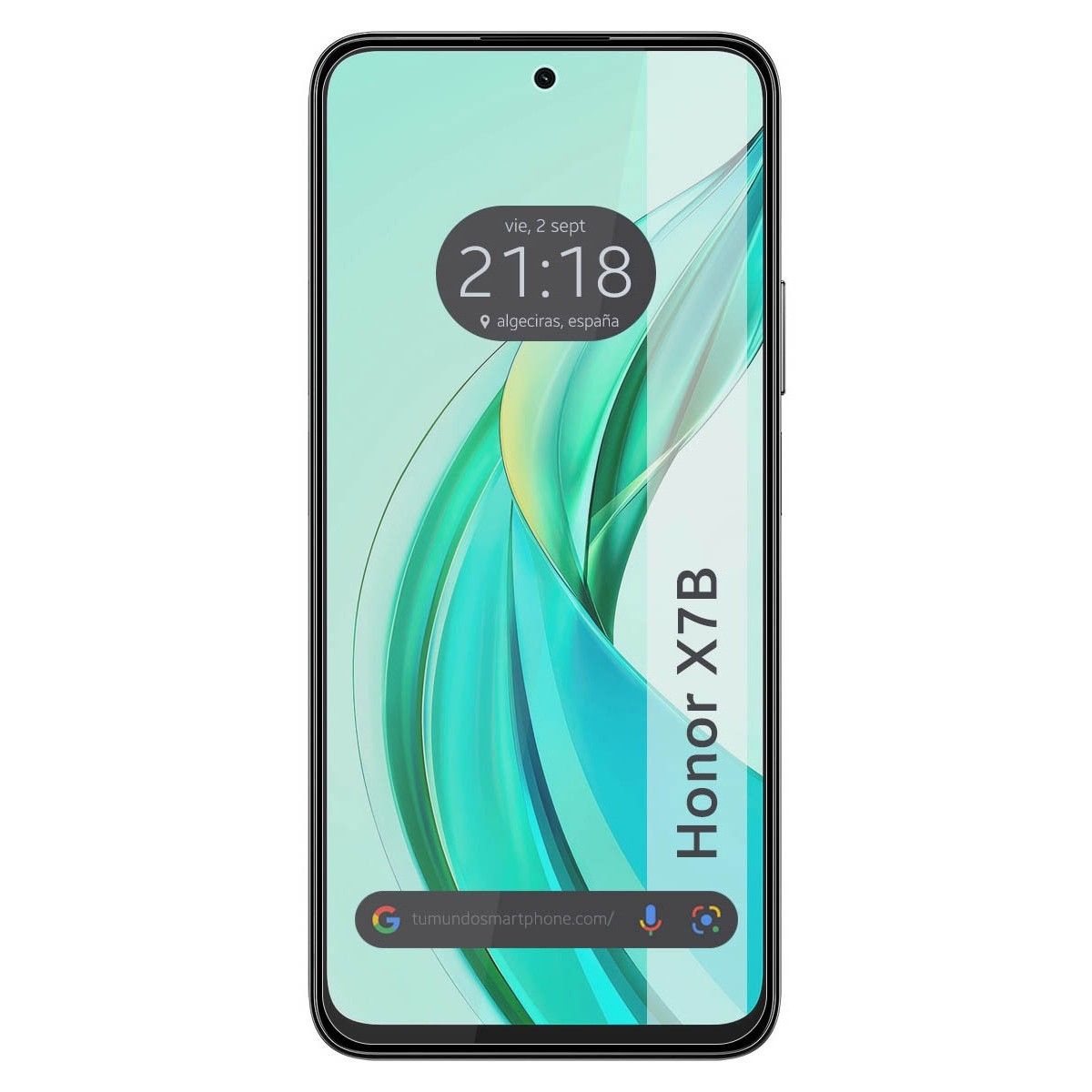 Schermo del telefono che mostra ora, posizione e sfondo astratto colorato.