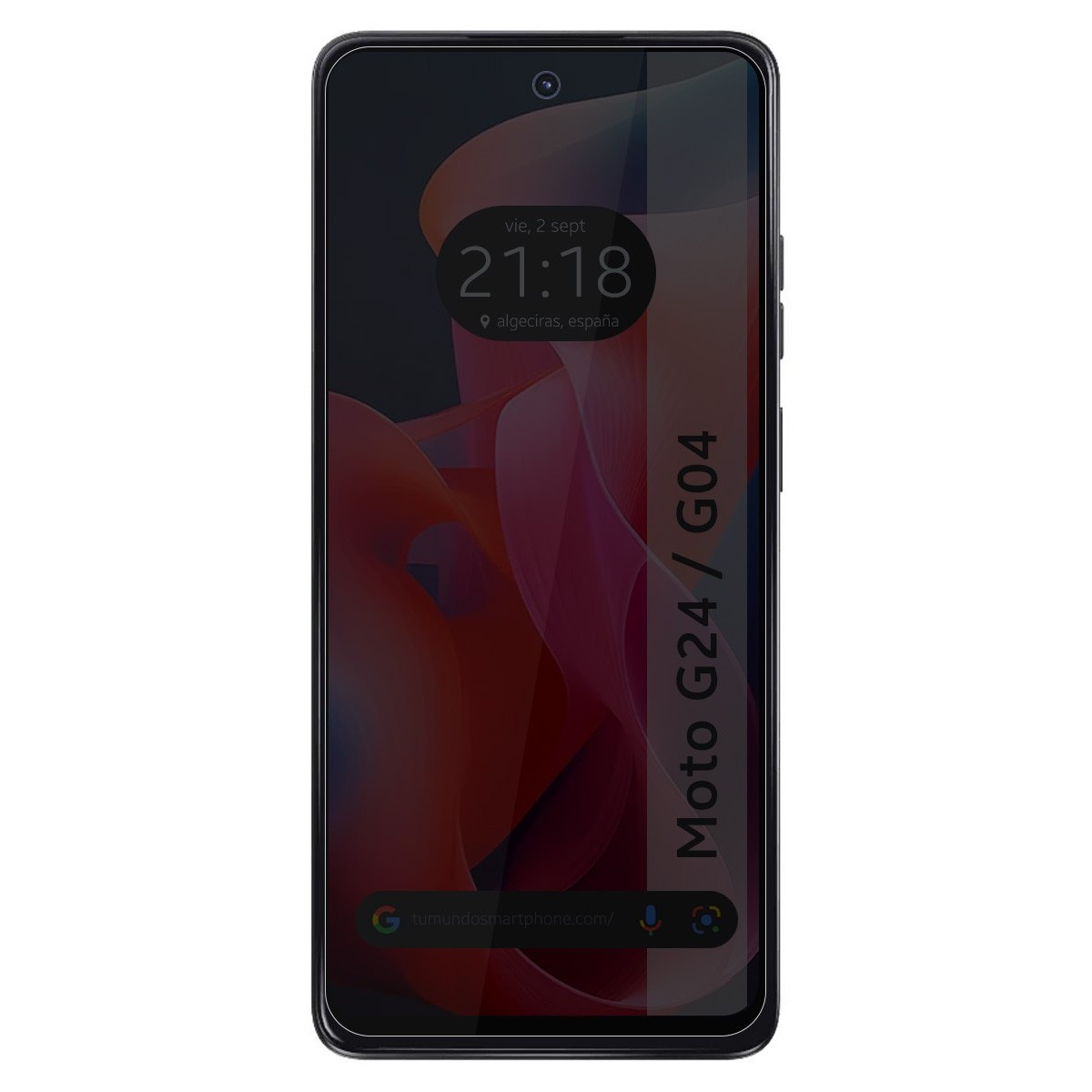 Telefono Moto G24/G04 su sfondo bianco. L'ora è 21:18. Indirizzo web e barra di ricerca Google visibili.
