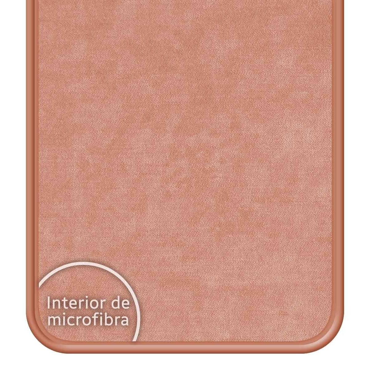 Primer plano de una funda de teléfono con interior de microfibra melocotón.