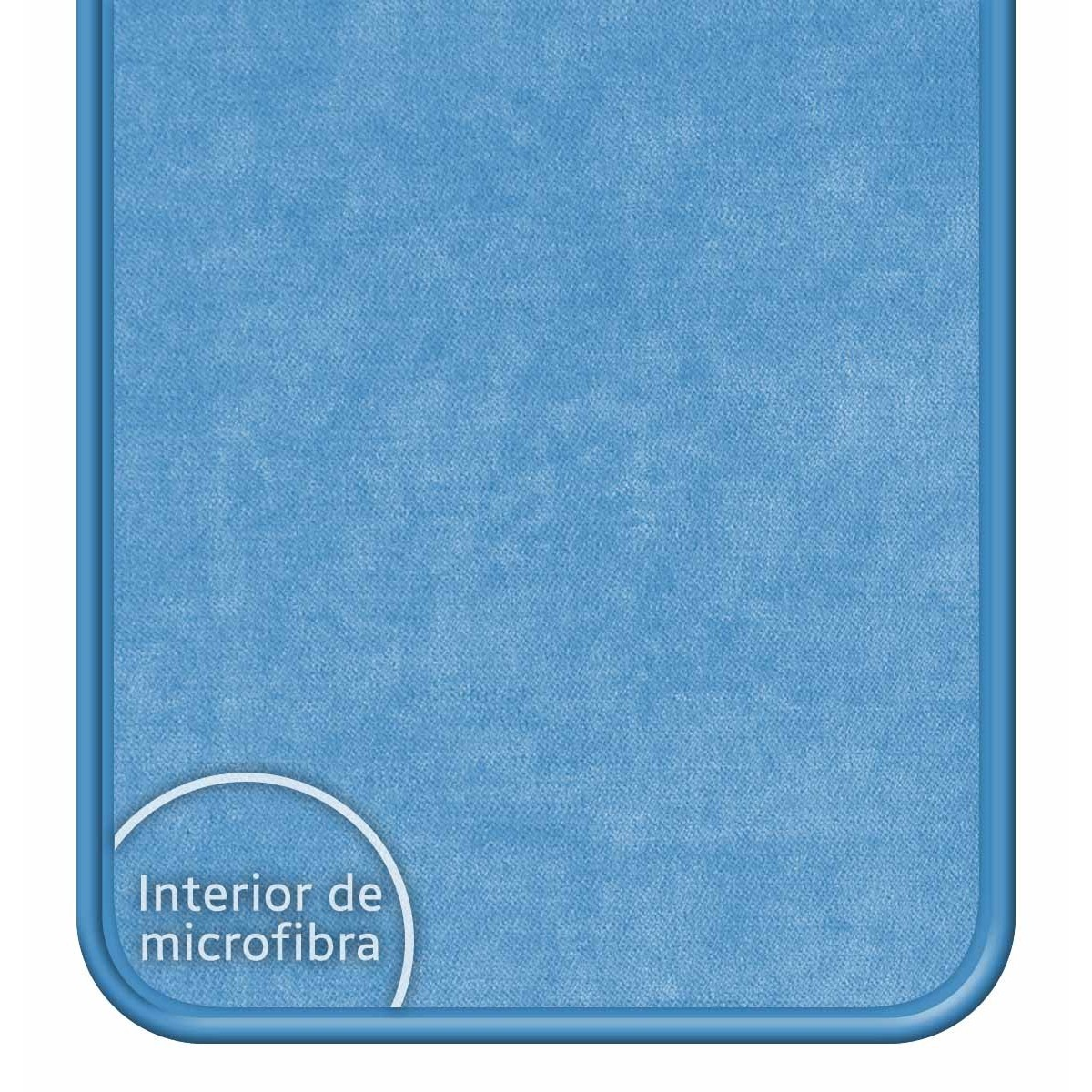 Un paño de microfibra azul. El paño está dentro de un marco azul con un círculo blanco y texto.