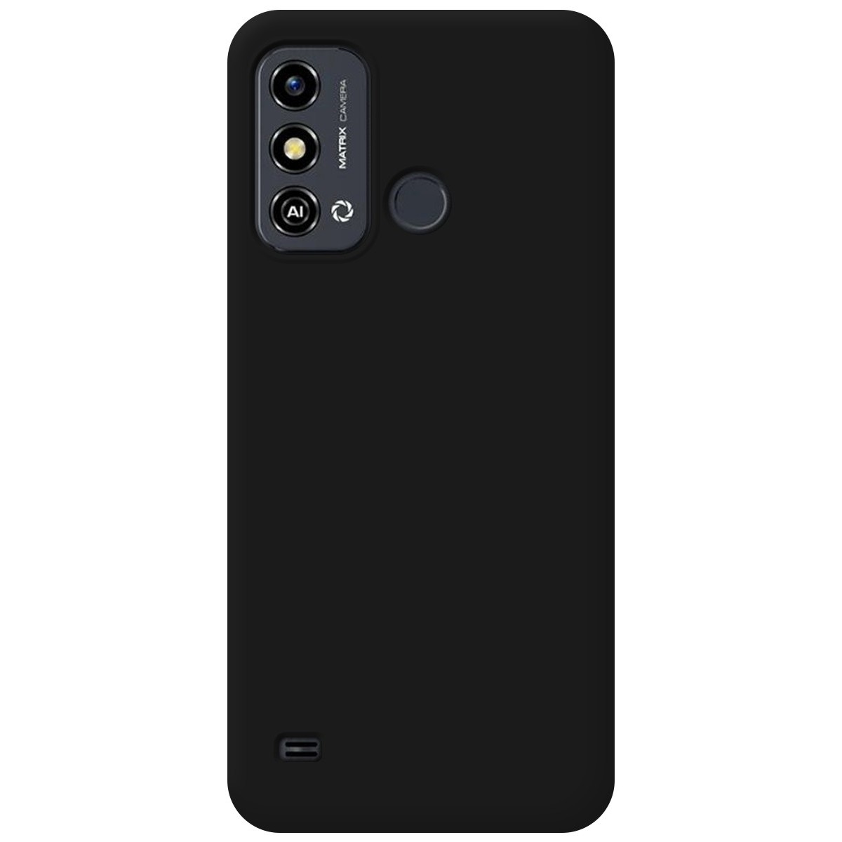 Telefono nero su sfondo bianco. Il retro del telefono è visibile, inclusa la fotocamera.
