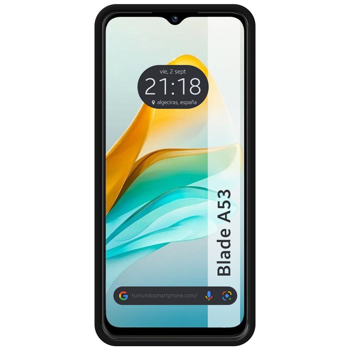 Un smartphone negro con una pantalla que muestra la hora y el nombre de una ciudad.