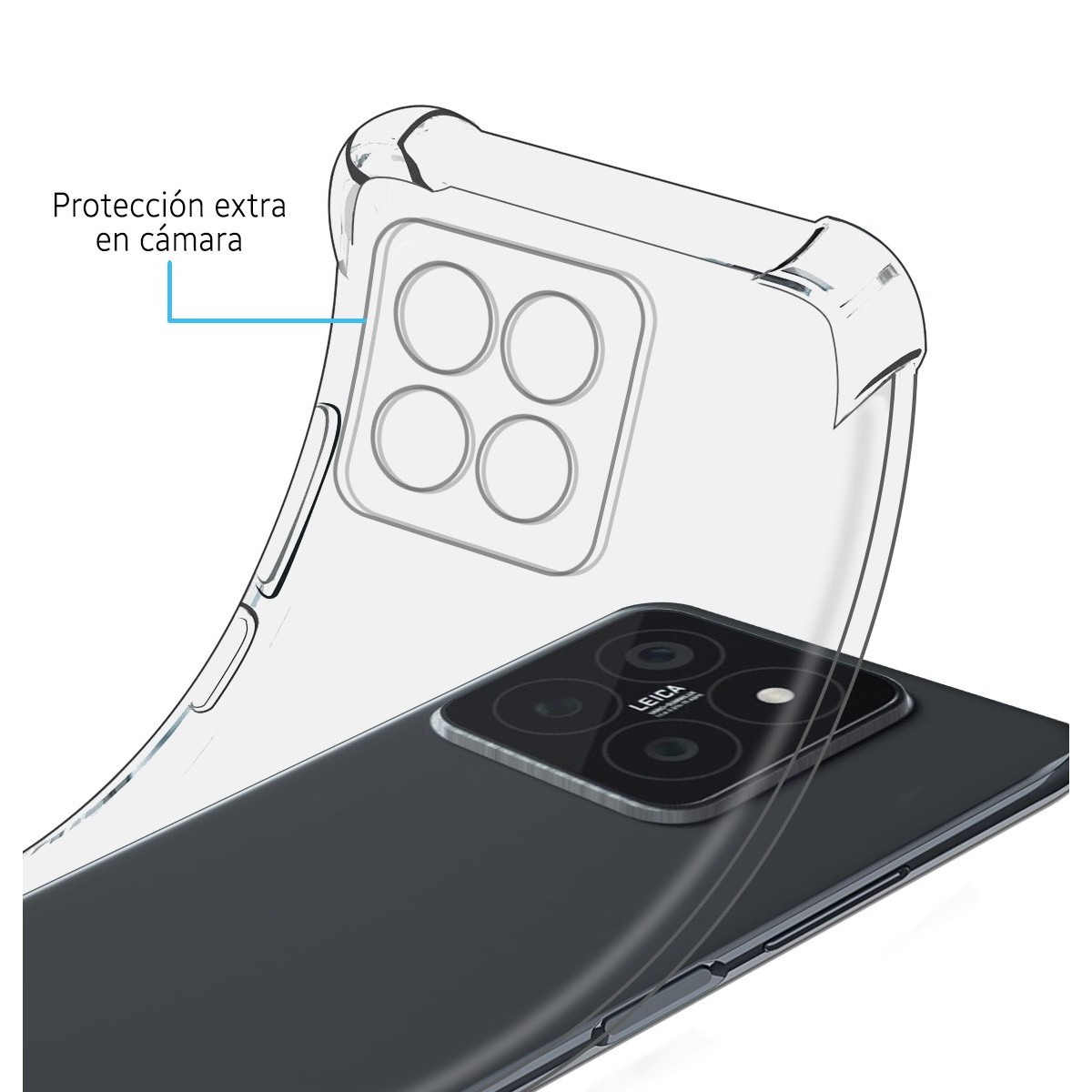 Smartphone con custodia protettiva trasparente. Il retro mostra un telefono nero con più lenti.