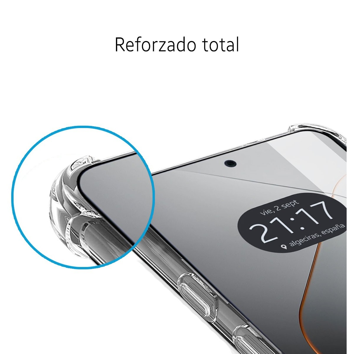 Uno schermo del telefono con custodia protettiva, lo schermo mostra l'ora, una data e la frase 'Reforzado total'.