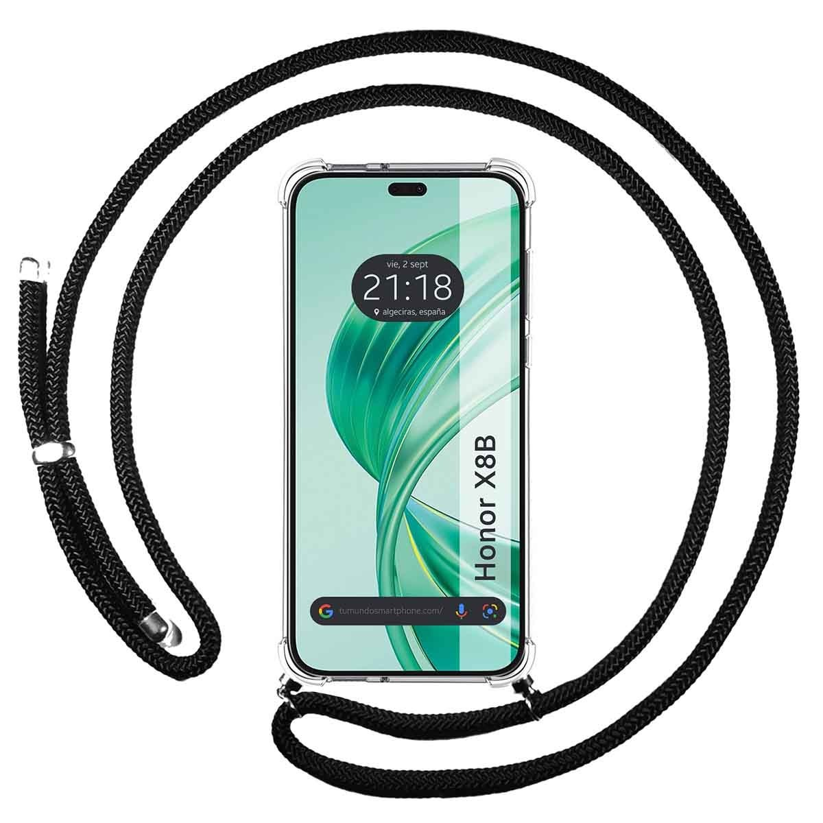 Un telefono con un cavo nero attorno. Lo schermo visualizza una data.