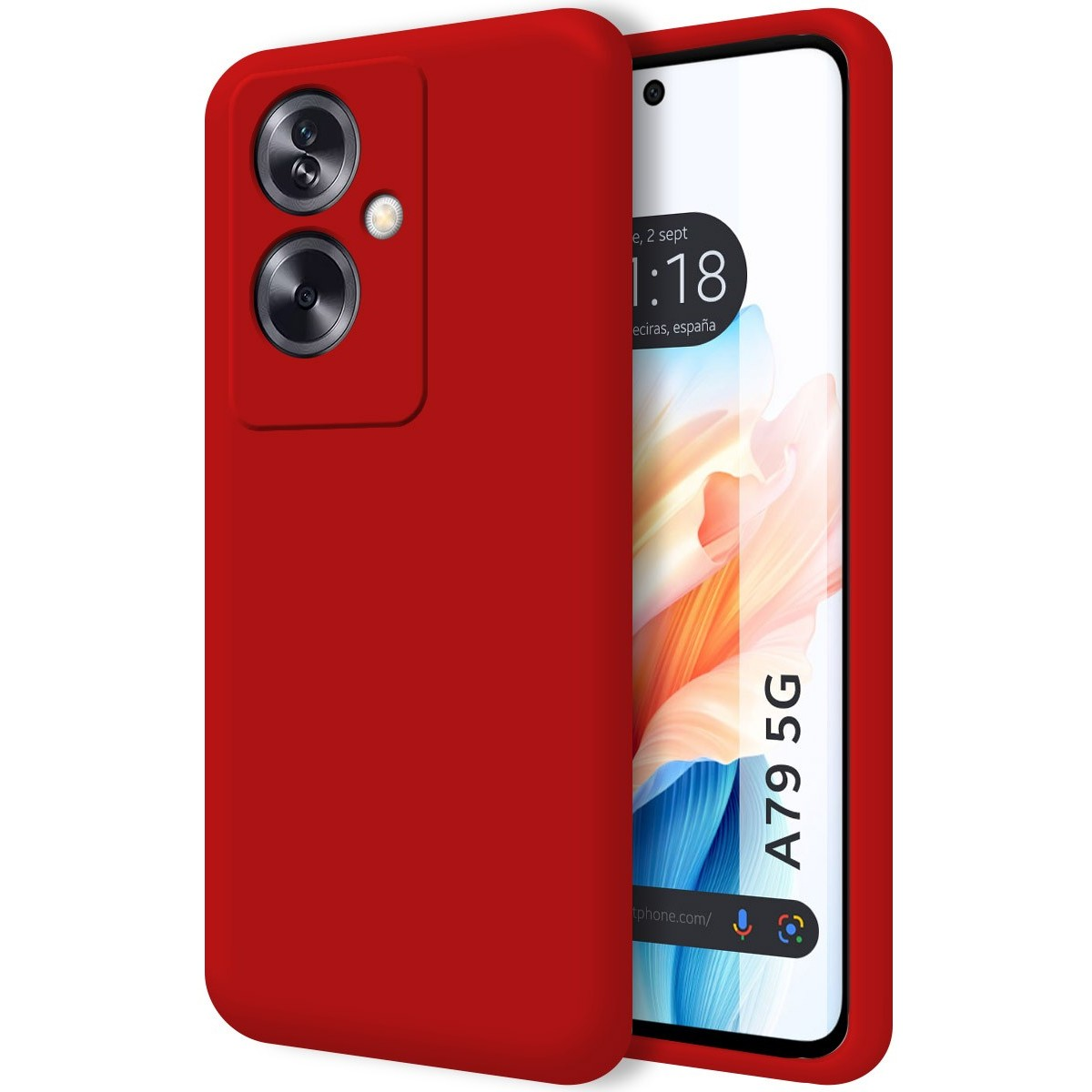 Smartphone rosso, modello A79 5G, lo schermo mostra ora e luogo.