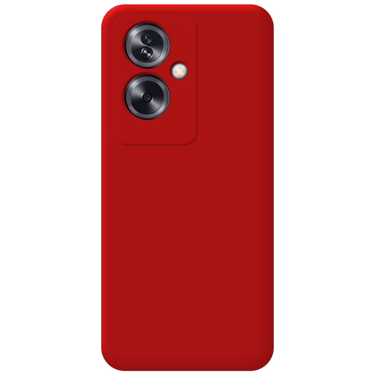 Custodia per telefono rossa con due obiettivi della fotocamera. Sfondo bianco.