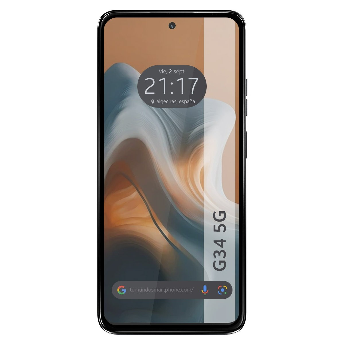Un telefono con un display dell'ora. Lo schermo mostra uno sfondo sfocato.