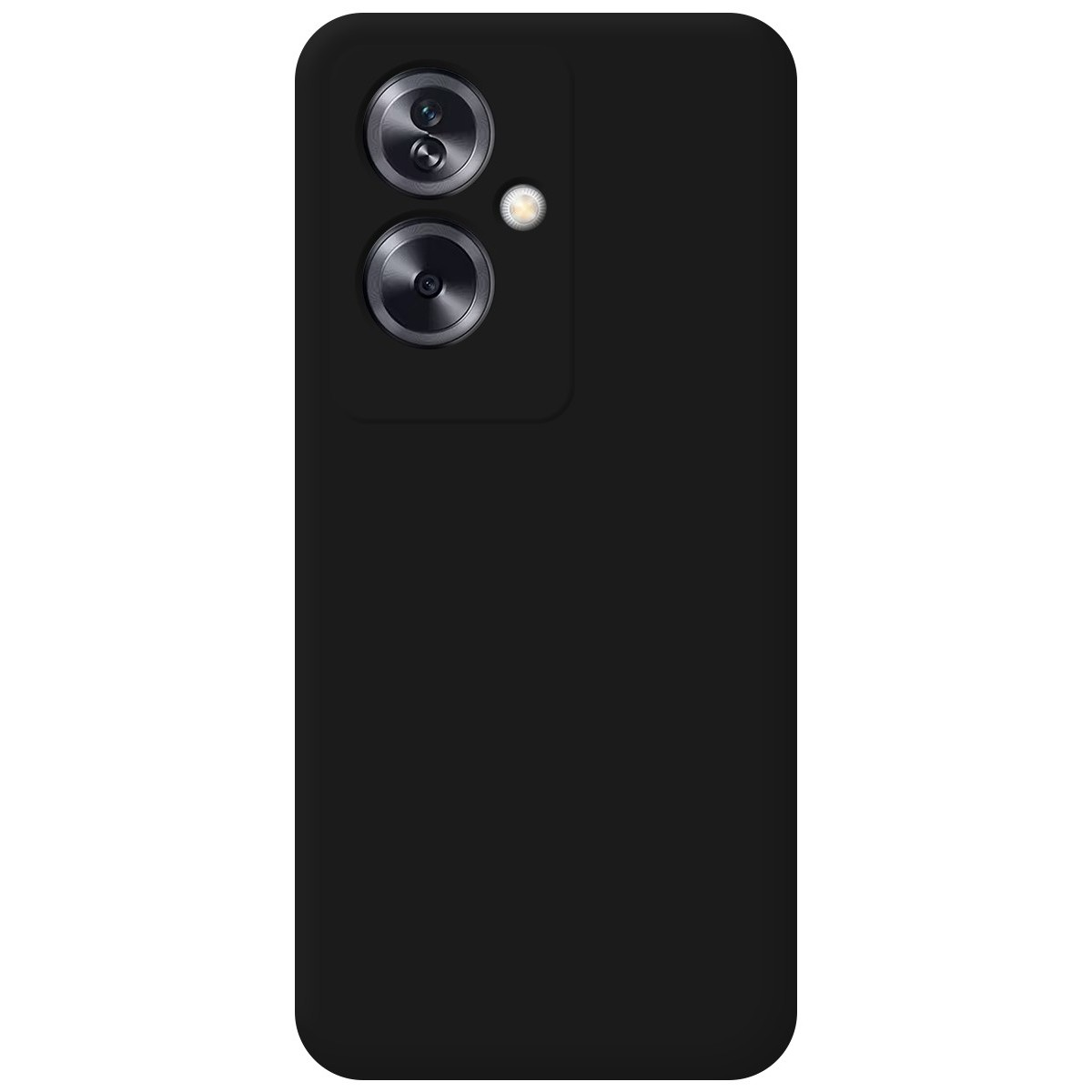 Custodia per telefono nera con configurazione a doppia fotocamera e flash singolo sul retro.