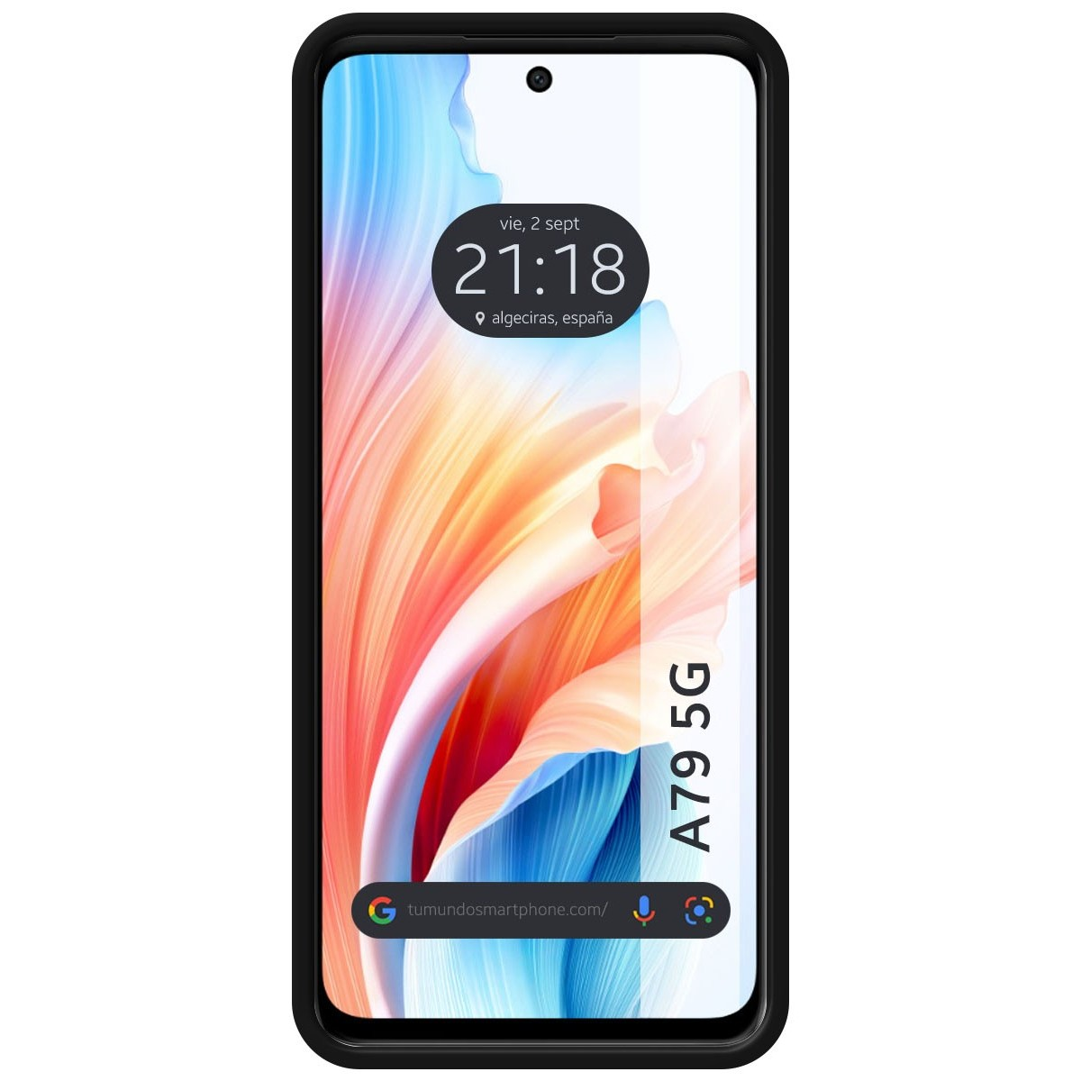 Smartphone con cornice nera, mostra ora e posizione. Lo schermo ha un design colorato.