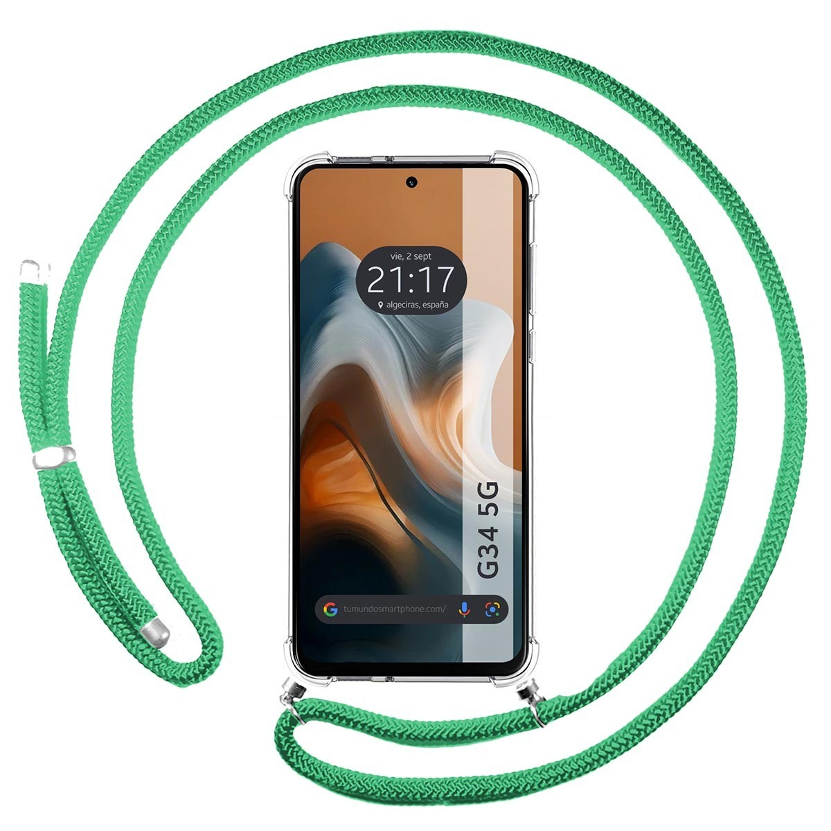 Laccio per telefono verde. Il telefono mostra ora, data, posizione. Custodia trasparente.