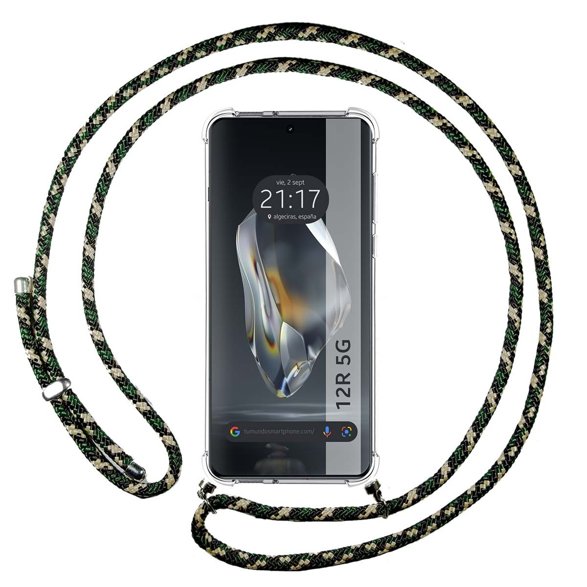 Telefono con cinturino a corda mimetico, schermo che mostra ora e posizione. Corda verde, nera e marrone chiaro.