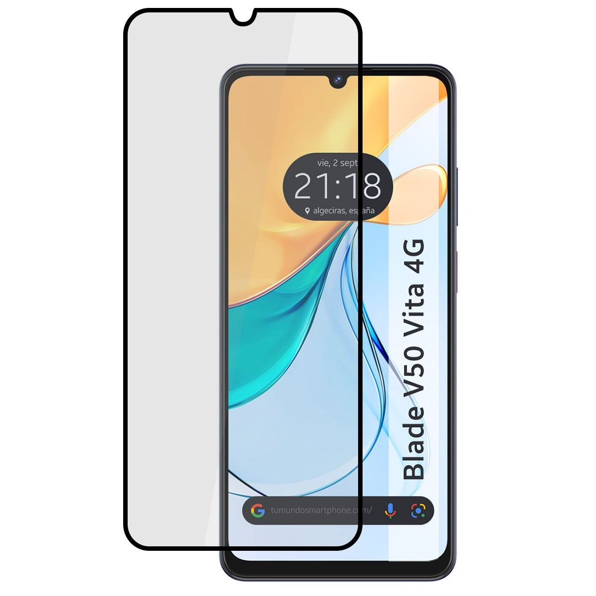 Un telefono e una protezione per lo schermo. Il telefono mostra l'ora e il testo 'Blade V50 Vita 4G'.