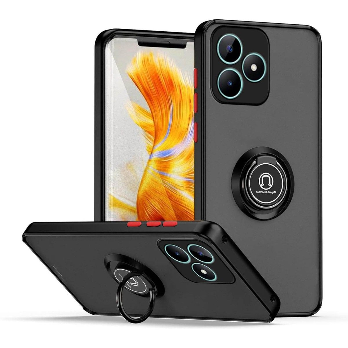 Tre custodie per telefono nere con un porta anello. Una sul davanti e due sul lato.