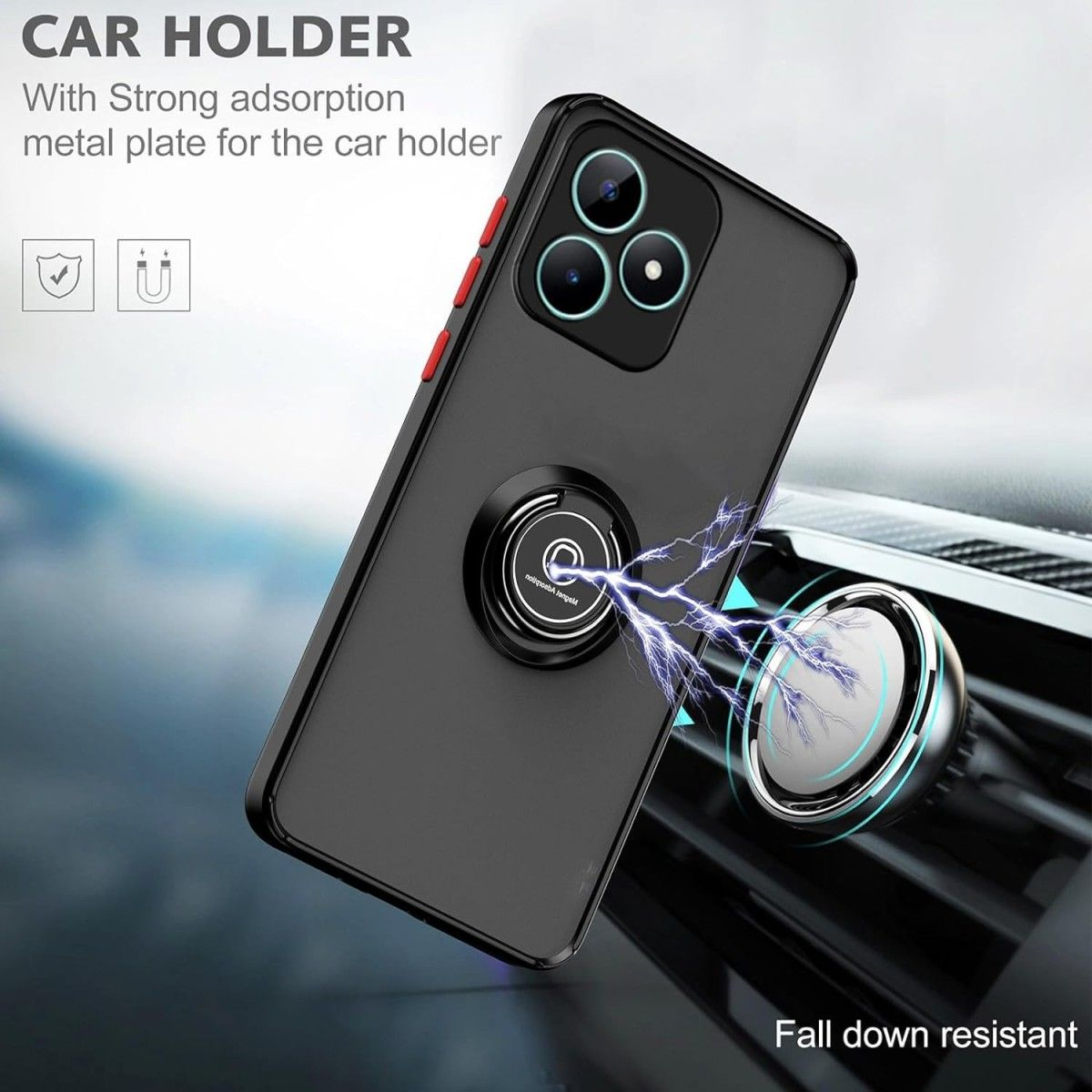 Custodia per telefono nera con anello e campo magnetico. Testo: Car Holder.