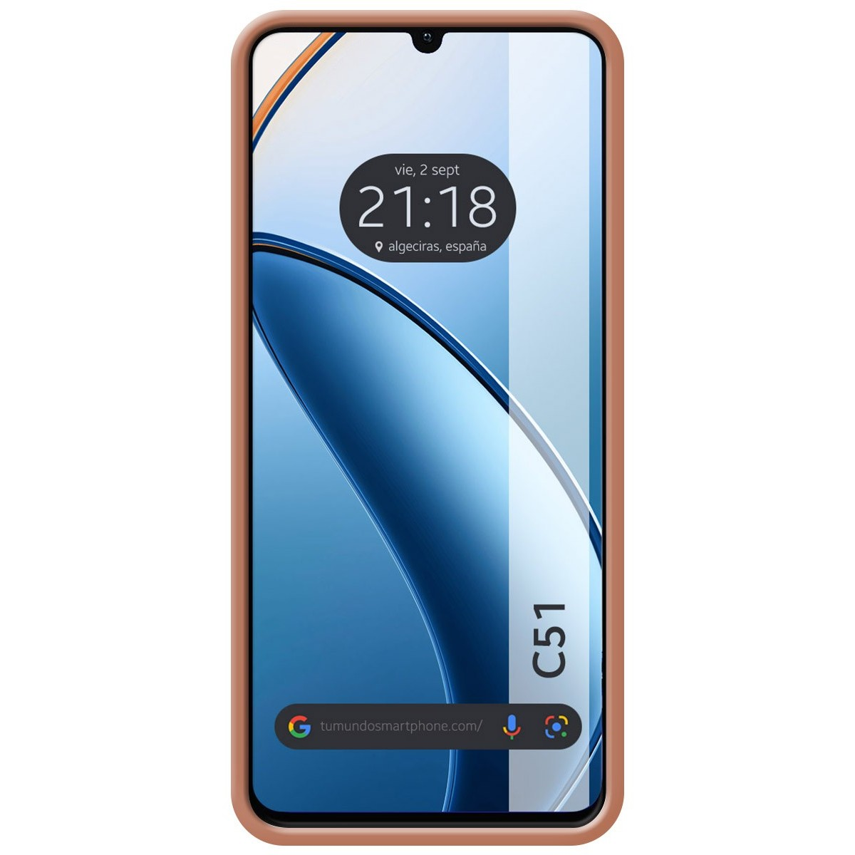 Custodia per telefono con motivo simile al denim e lacci bianchi.