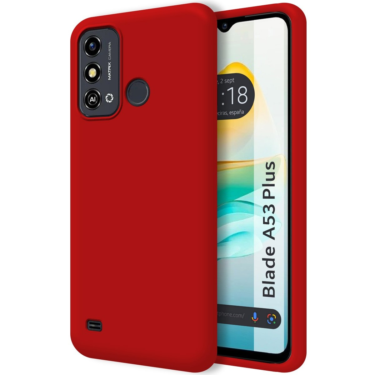 Custodia rossa. Lo schermo del telefono mostra ora e posizione.