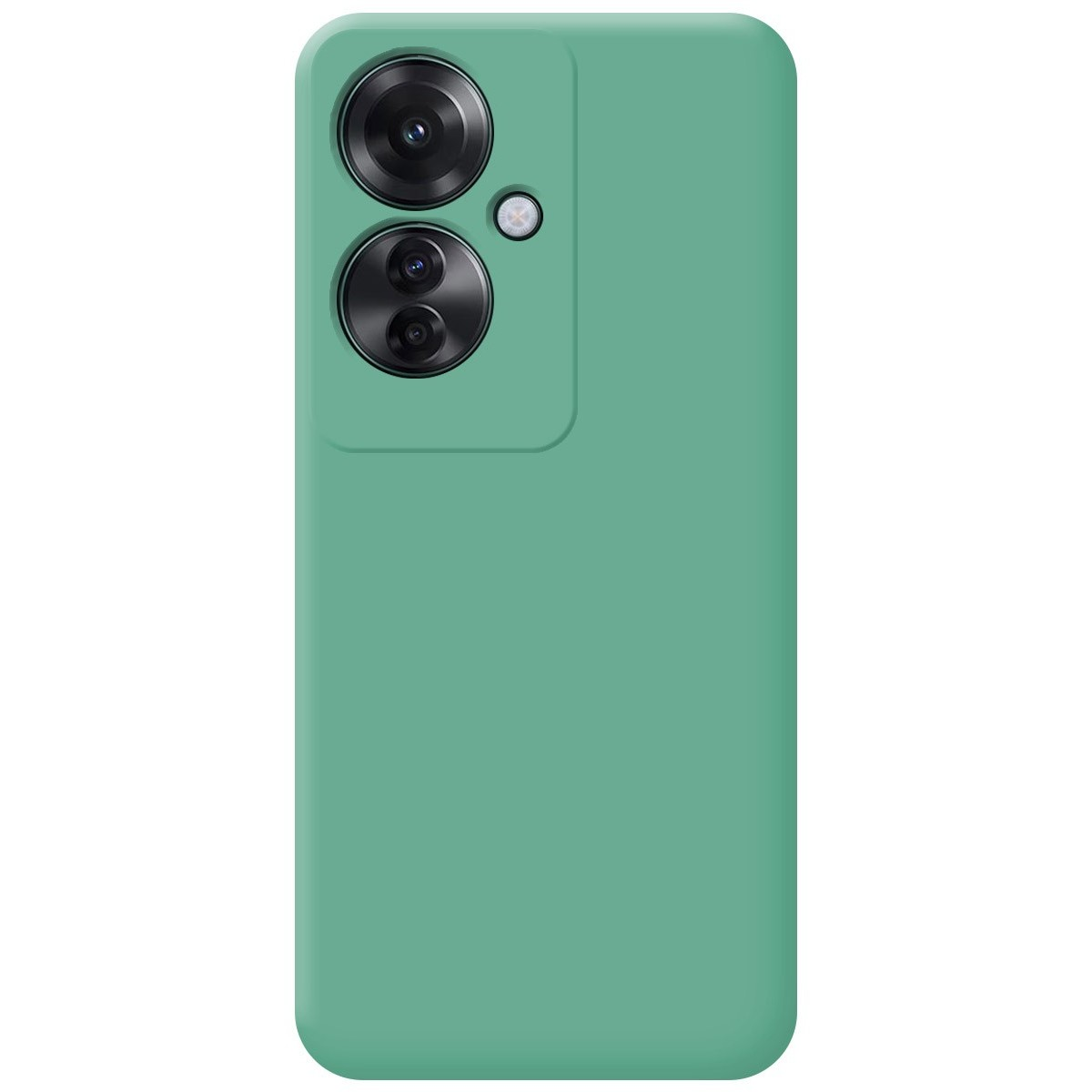 Custodia per telefono color verde acqua unito. Il telefono ha due fotocamere.