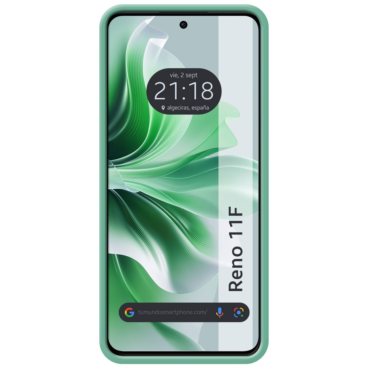 Telefono con custodia verde chiaro. Lo schermo del telefono mostra l'ora e la data.