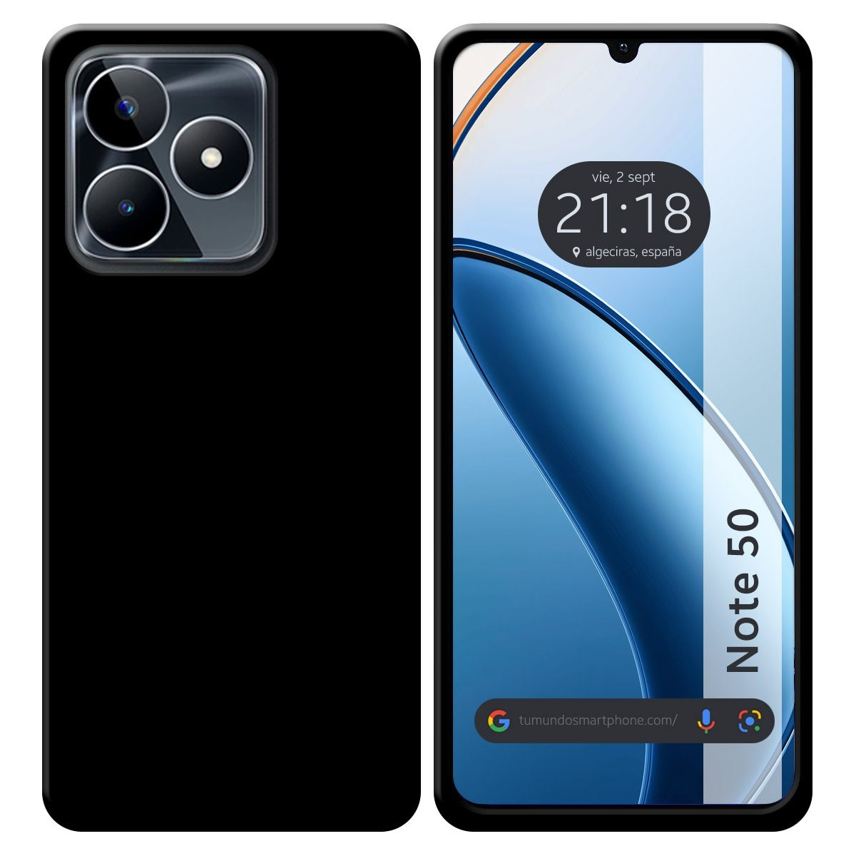 Custodia nera per telefono con tre fotocamere. Schermo mostra ora e città. Il modello è Note 50.