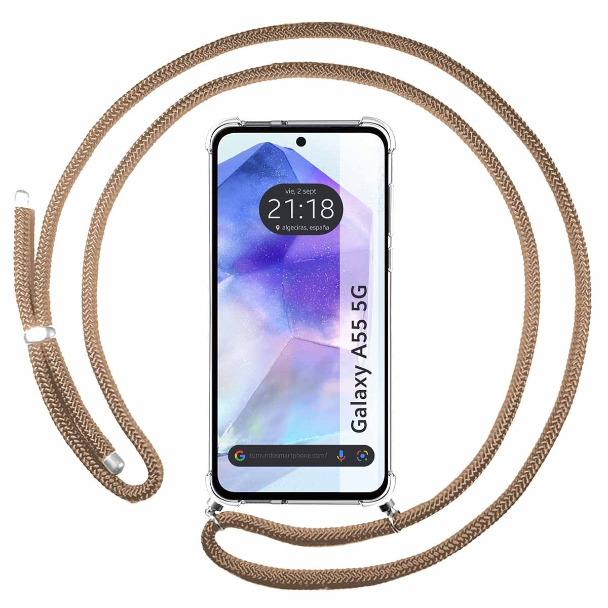 Teléfono con cordón marrón. Pantalla muestra hora y lugar, con 'Galaxy A55 5G'.